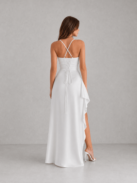 Draped Satin Ruched-Waist Women's Midi Dress with Side Split