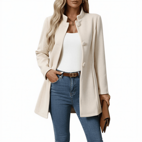 Women's Woven Button-Down A-Line Coat with Stand Collar
