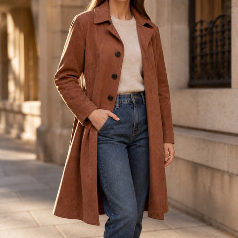 Women's Unstructured Suede-Look Long Coat with Button Front