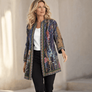 Patrice Art-Print Open-Front Jacket with Embellished Trim