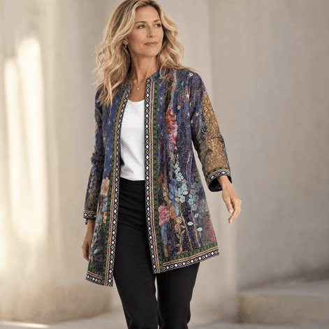 Patrice Art-Print Open-Front Jacket with Embellished Trim
