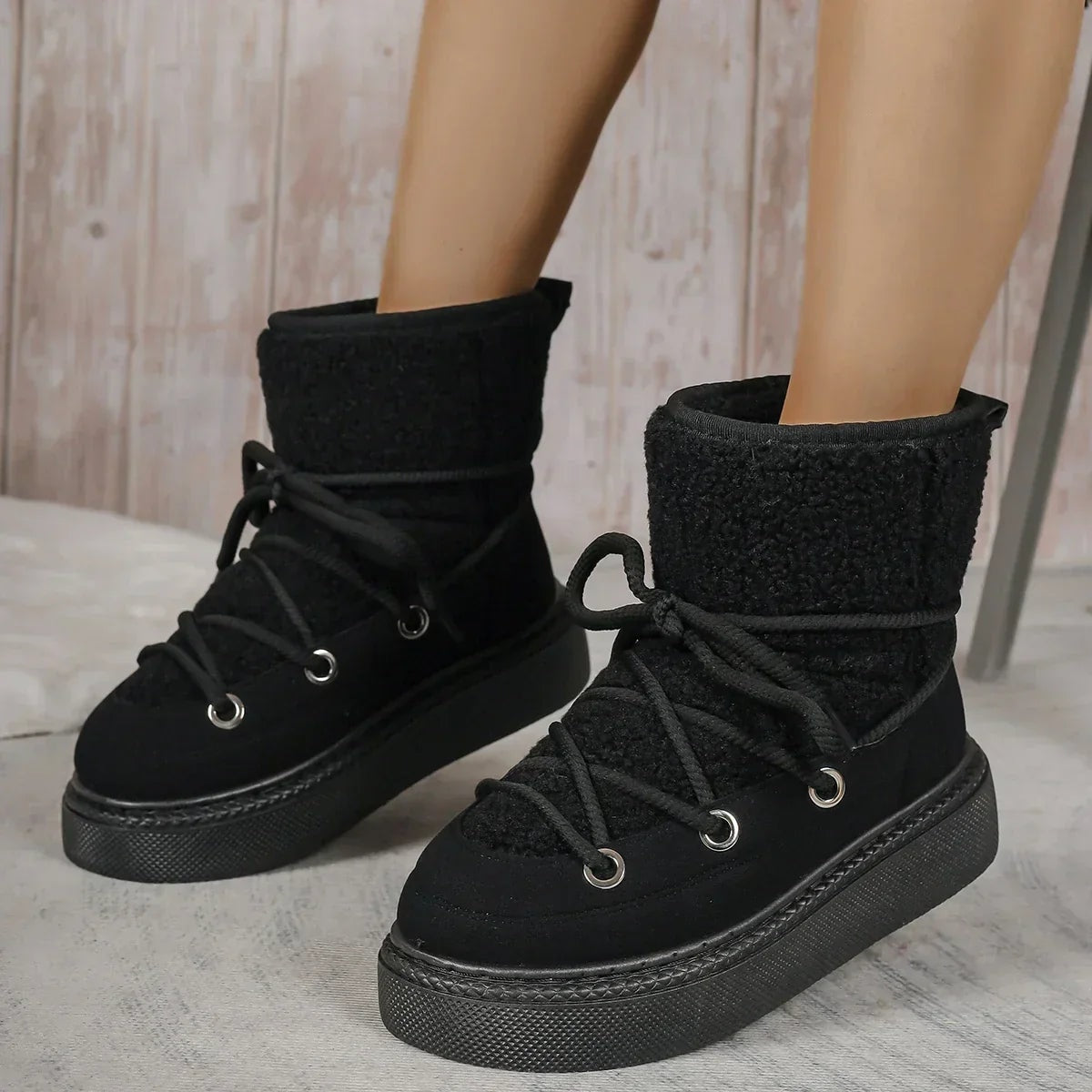 Womens Faux Shearling Ankle Lace Up Winter Boots Platform Sole