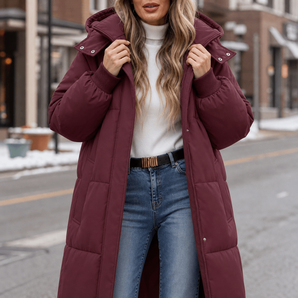 Women's Long Hooded Quilted Puffer Jacket with Side Pockets