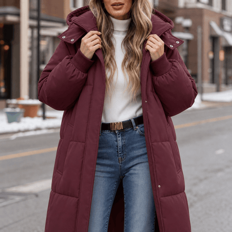 Women's Long Hooded Quilted Puffer Jacket with Side Pockets