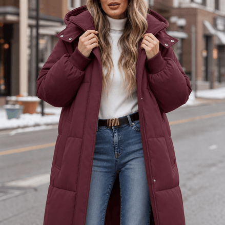 Women's Long Hooded Quilted Puffer Jacket with Side Pockets