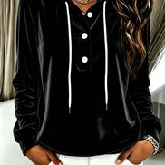 Women's Long-Sleeve Velvet Hoodie with Button Placket and Drawstring