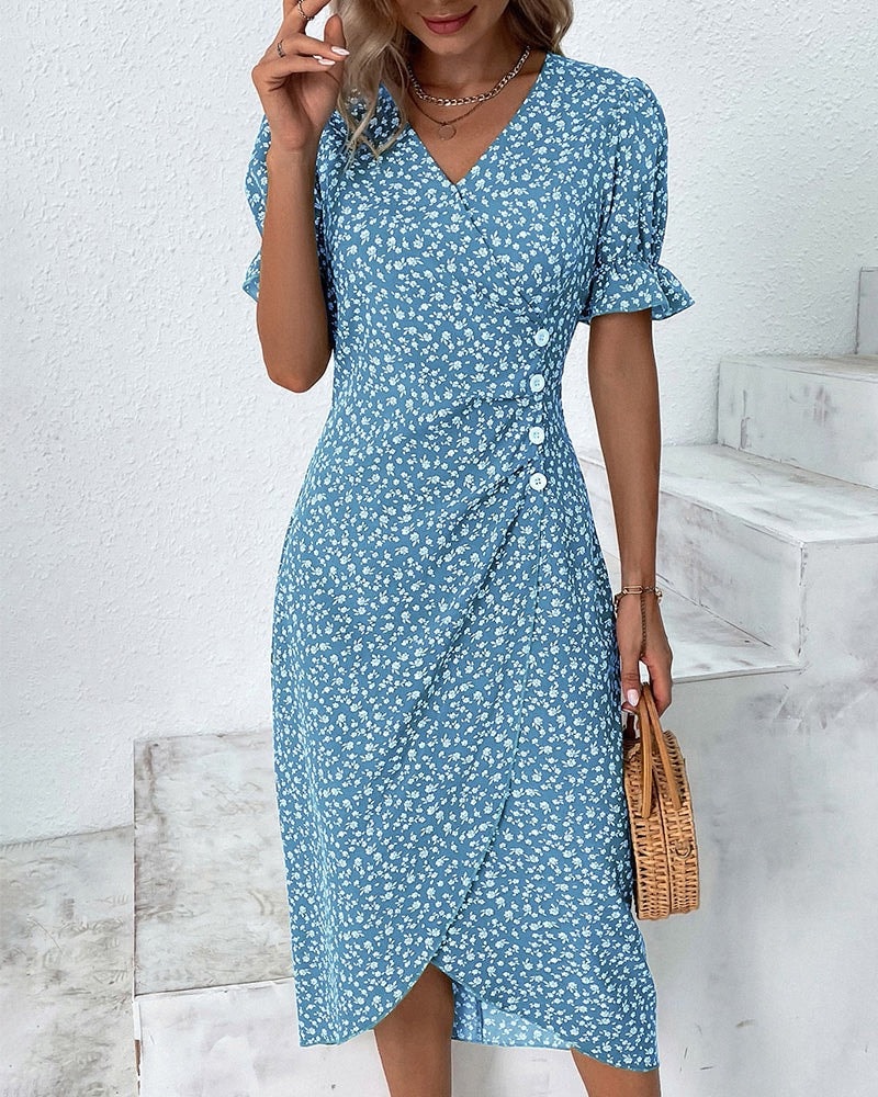 Floral Wrap Midi Dress in Polyester for Autumn and Christmas Parties
