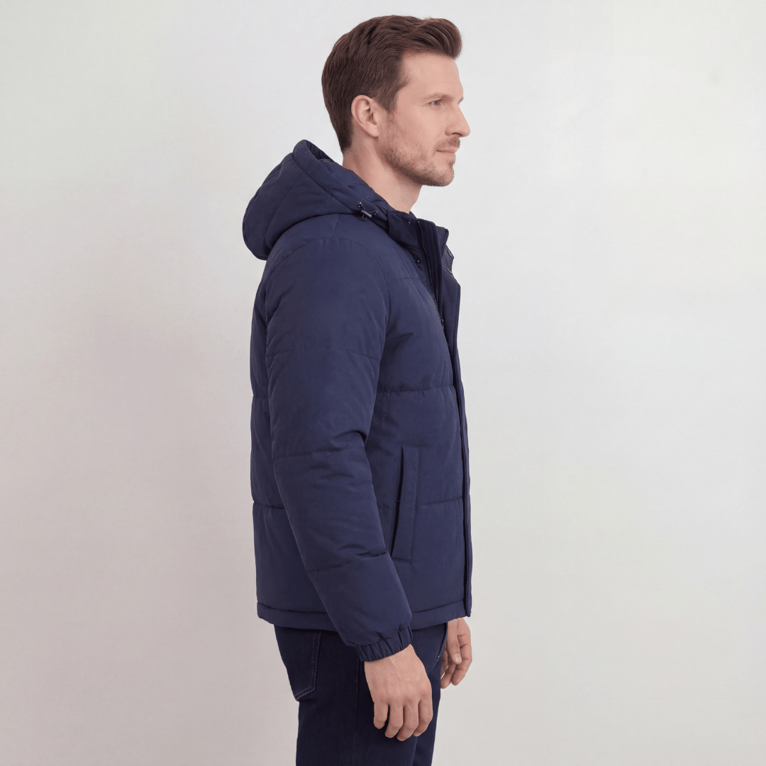 Hooded Puffer Jacket for Men with Adjustable Weatherproof Hood