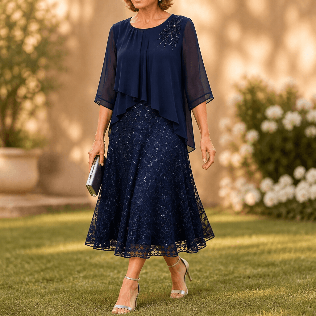 Elavine Lace Overlay Chiffon Women's Midi Dress with Sheer Sleeves