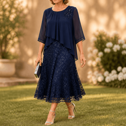 Elavine Lace Overlay Chiffon Women's Midi Dress with Sheer Sleeves