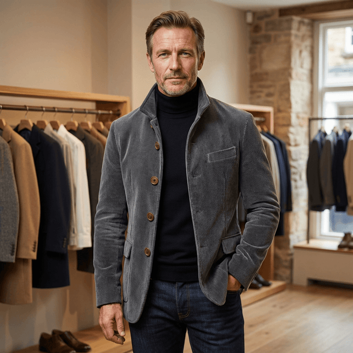 Men's Corduroy Tailored Jacket with Button Front Closure
