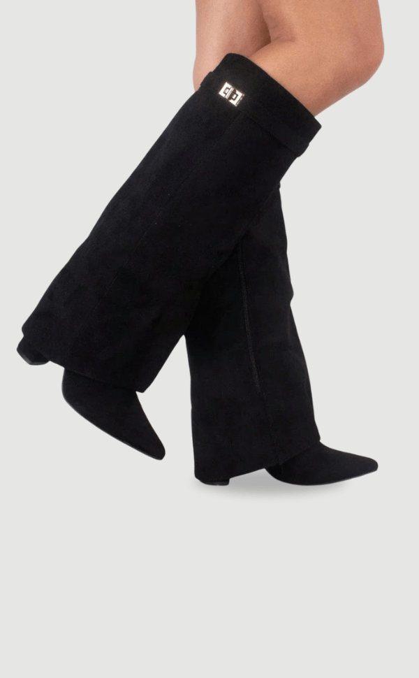 Suede Fold-Over Boots with Gold Buckle Detail for Women