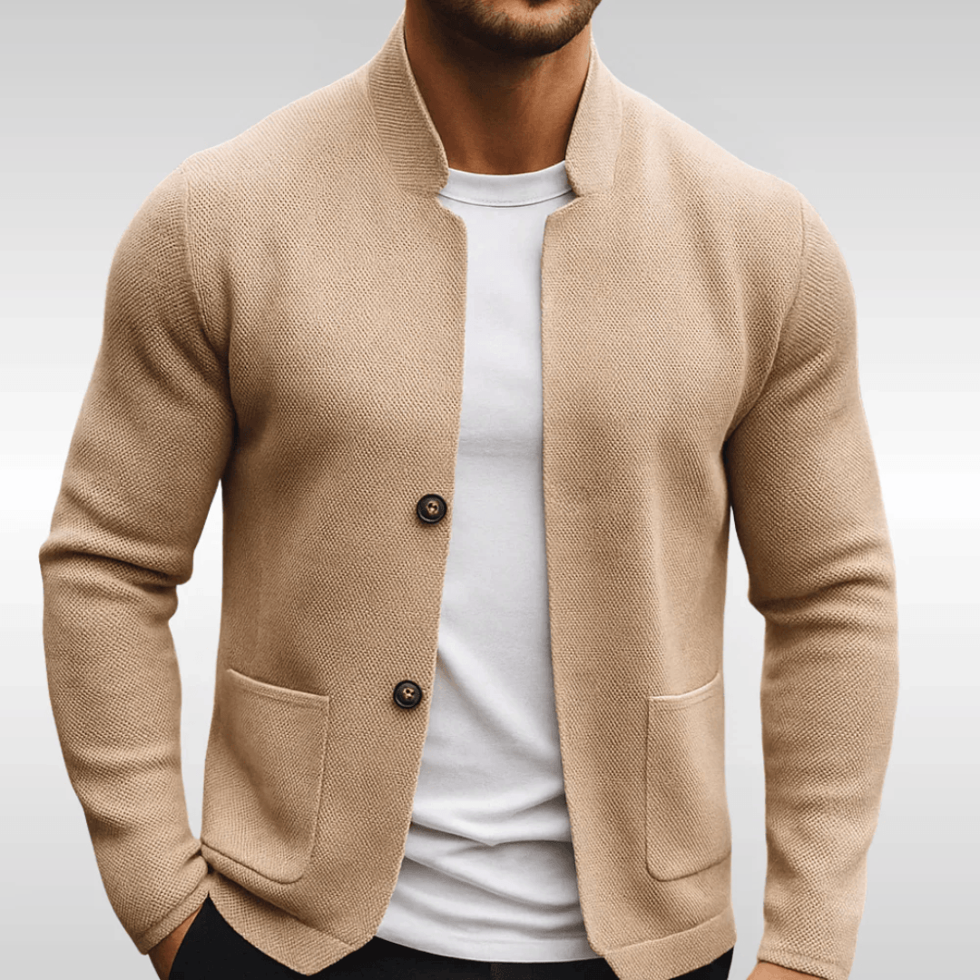 Men's Collarless Knitted Blazer Jumper with Patch Pockets
