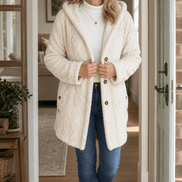 Women's Cable-Knit Hooded Longline Winter Coat with Button Hems
