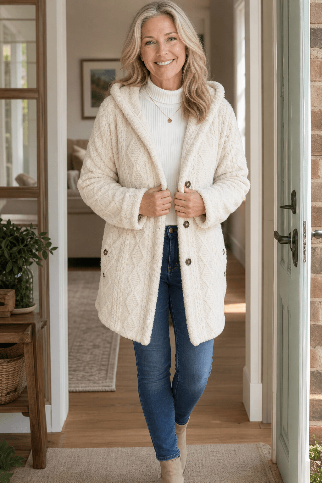 Women's Cable-Knit Hooded Longline Winter Coat with Button Hems