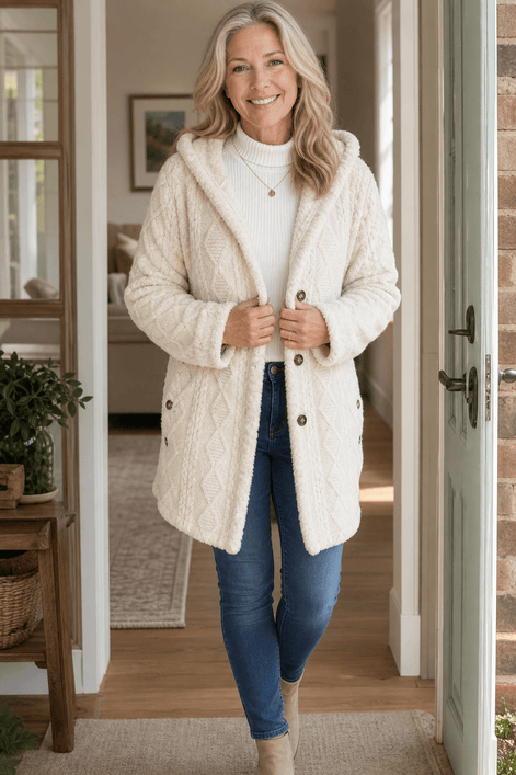 Women's Cable-Knit Hooded Longline Winter Coat with Button Hems