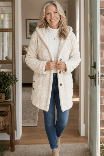 Women's Cable-Knit Hooded Longline Winter Coat with Button Hems