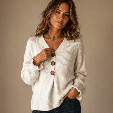 Women's Ribbed V-Neck Knitted Jumper with Button Detail