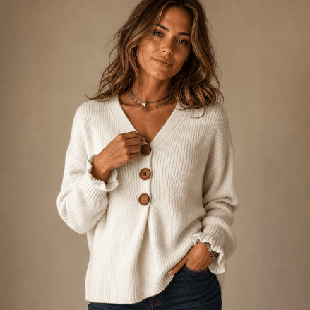 Women's Ribbed V-Neck Knitted Jumper with Button Detail
