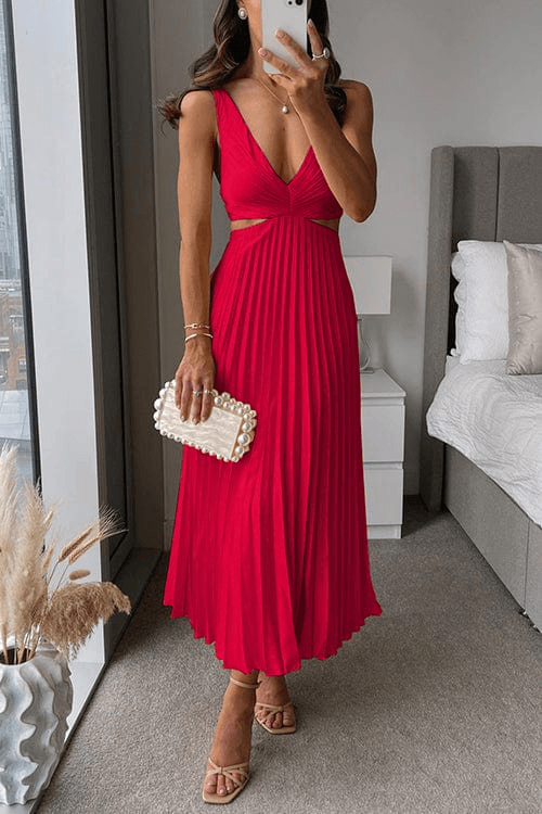Sanne Pleated Satin Cutout Midi Dress for Women with V-Neck