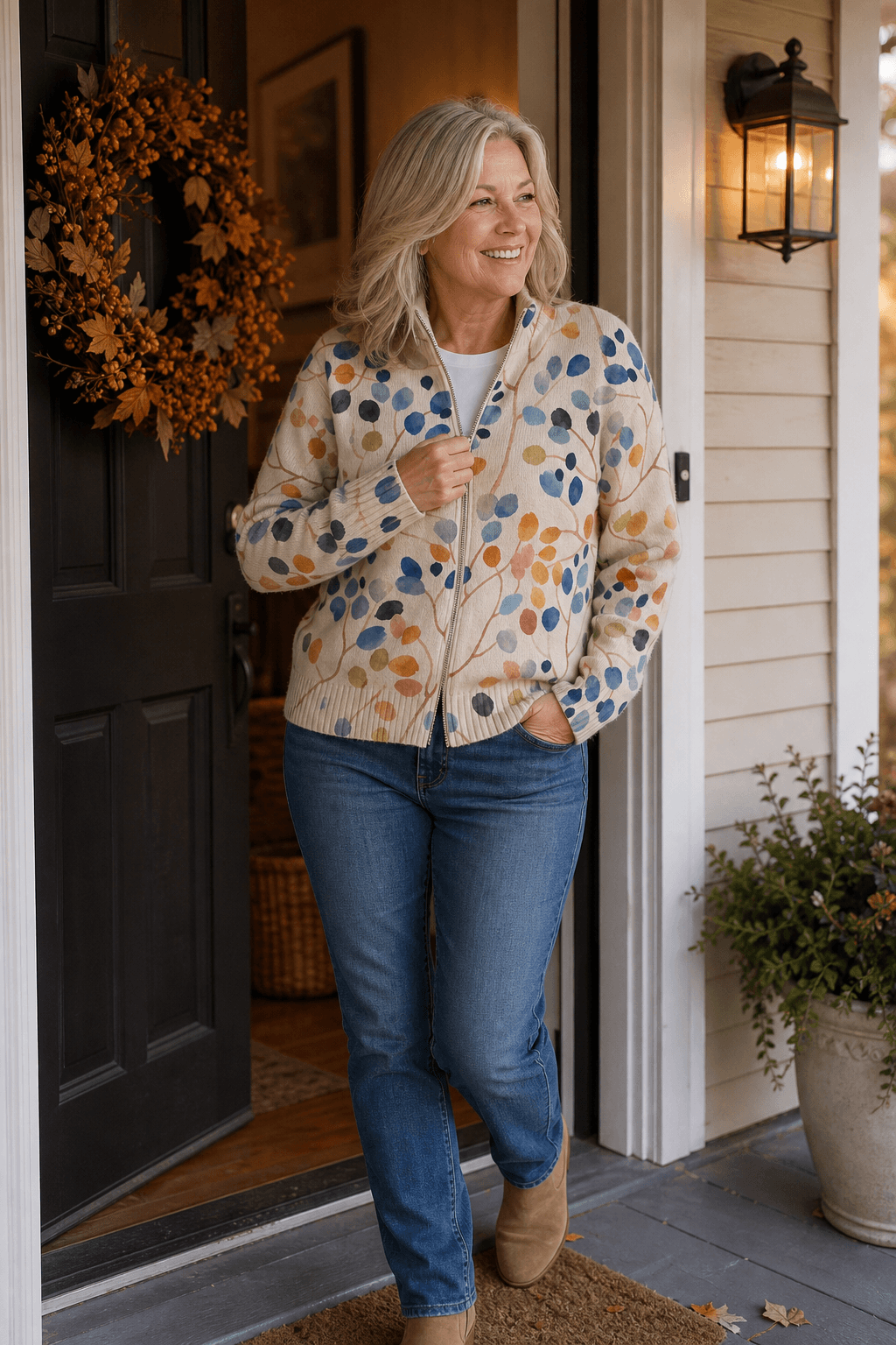Women's Botanical Print Zip-Up Knit Bomber Cardigan