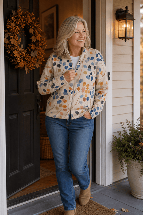 Women's Botanical Print Zip-Up Knit Bomber Cardigan