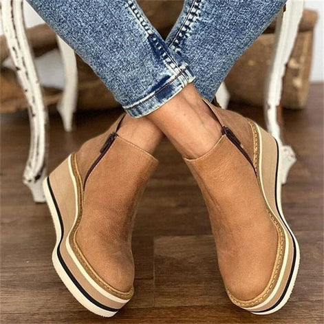 Courtney Faux Leather Wedge Boots for Women with Side Zip and Round Toe