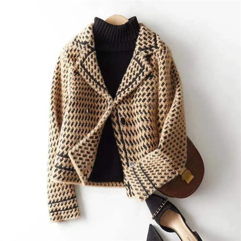 Houndstooth Tweed Knit Jacket for Women's Tailored Wardrobe