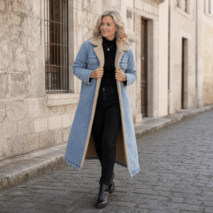 Denora Sherpa-Lined Full-Length Denim Winter Coat for Women