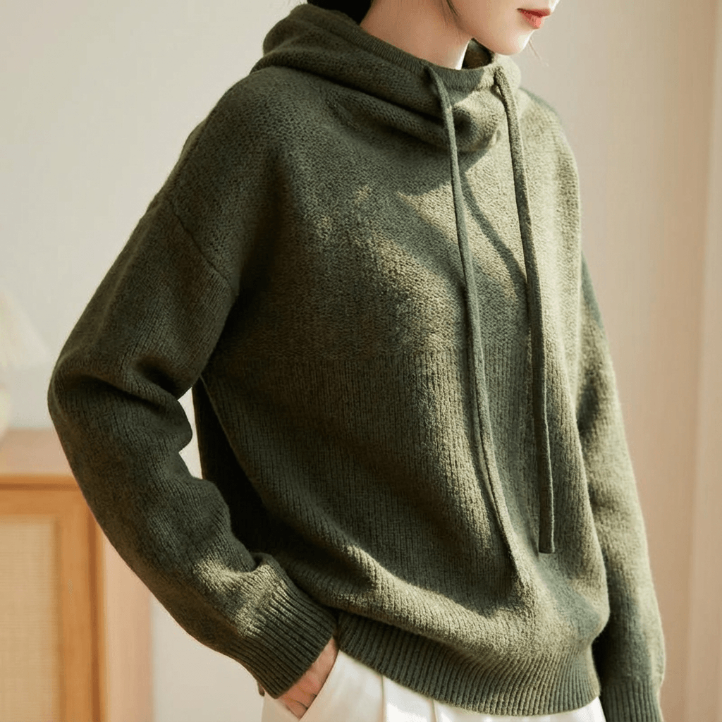 Hooded Merino Wool Knitted Jumper with Drawstring for Women