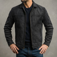 Men's Distressed Leather Jacket with Zip Closure