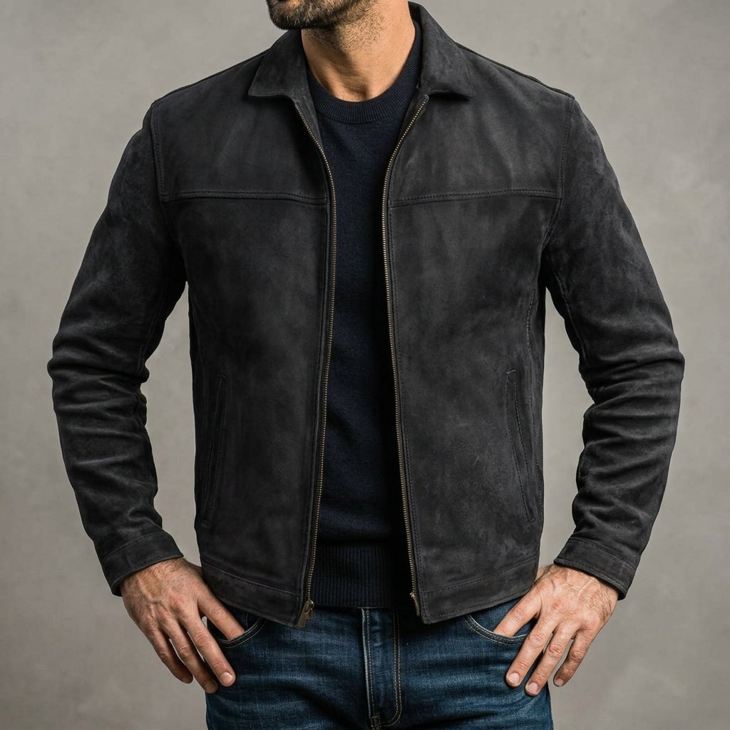 Men's Distressed Leather Jacket with Zip Closure