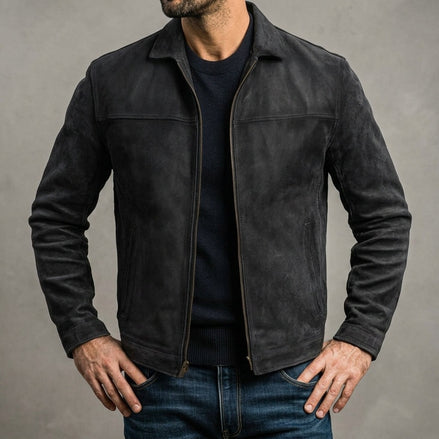 Men's Distressed Leather Jacket with Zip Closure