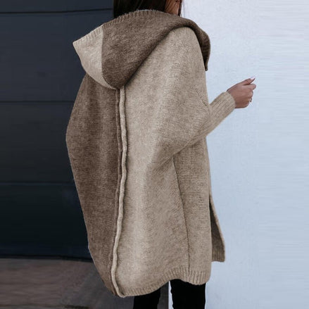 Women's Hooded Longline Open-Front Patchwork Knitted Cardigan