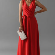 Satin Wrap Maxi Dress with Tie Waist for Christmas Party in Red