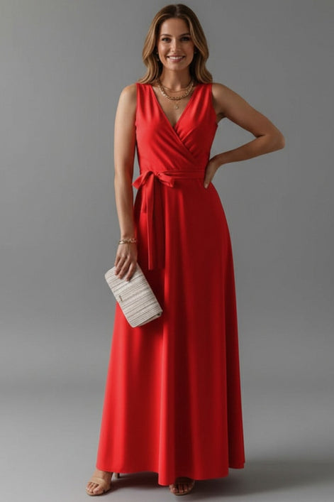 Satin Wrap Maxi Dress with Tie Waist for Christmas Party in Red