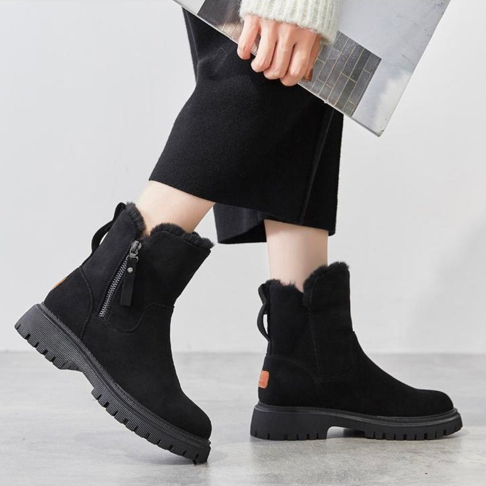 Faux Fur Lined Leather-Look Ankle Winter Boots with Zip Lug Sole