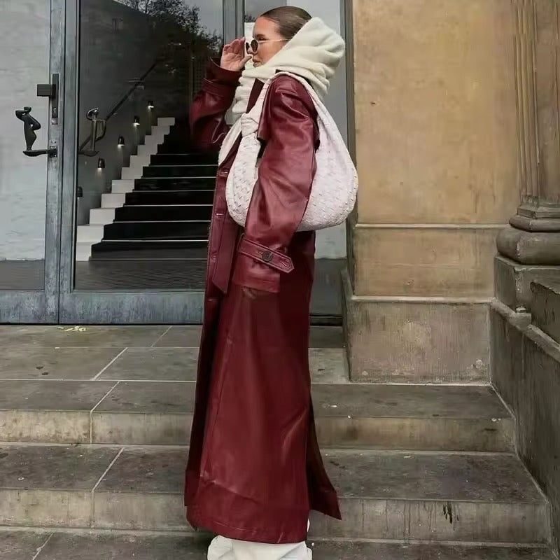 Longline Double-Breasted Leather Coat for Women