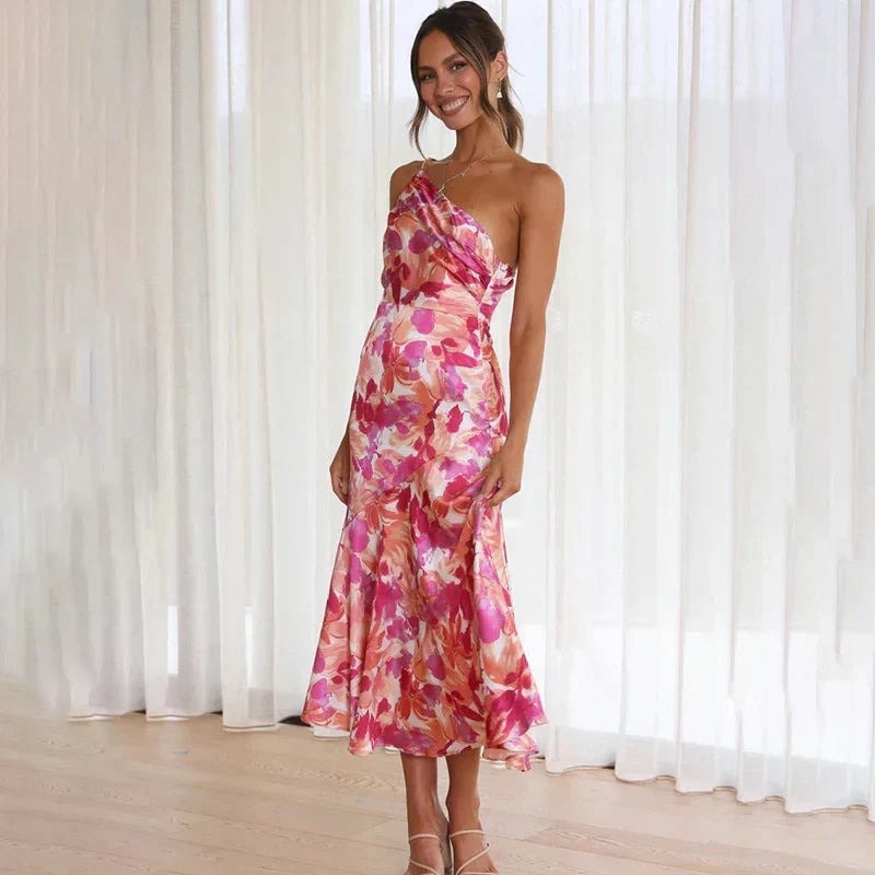 One Shoulder Floral Satin Midi Christmas Party Dress in Pink