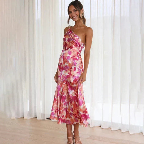 One Shoulder Floral Satin Midi Christmas Party Dress in Pink