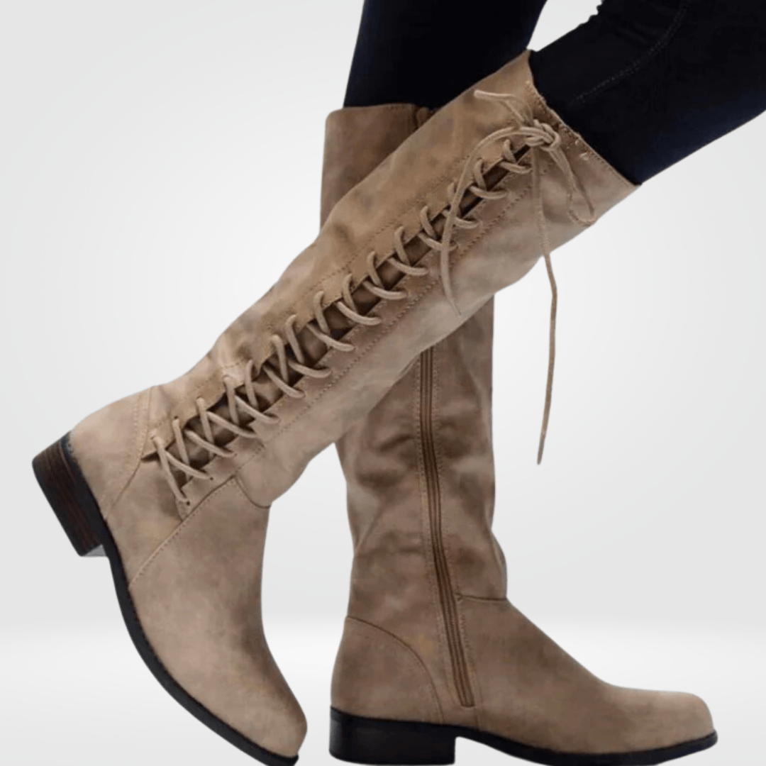 Knee-High Lace-Up Faux Leather Brown Boots with Side Zip for Women