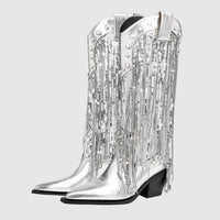 Monika | Fringe Cowboy Mid-Calf Womens Boots with Pointed Toe Block Heel