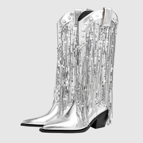 Fringe Cowboy Mid-Calf Womens Boots with Pointed Toe Block Heel