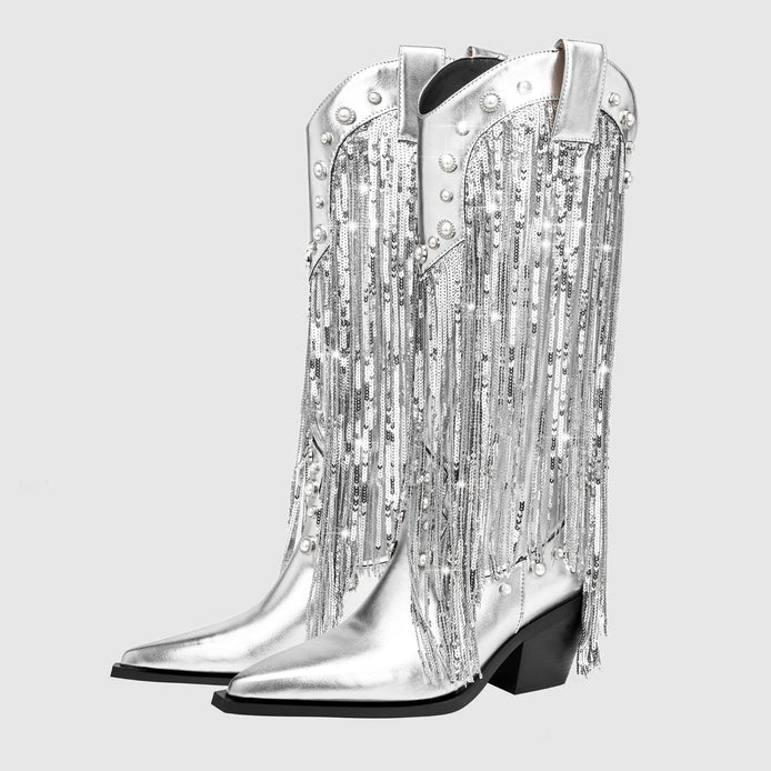 Fringe Cowboy Mid-Calf Womens Boots with Pointed Toe Block Heel