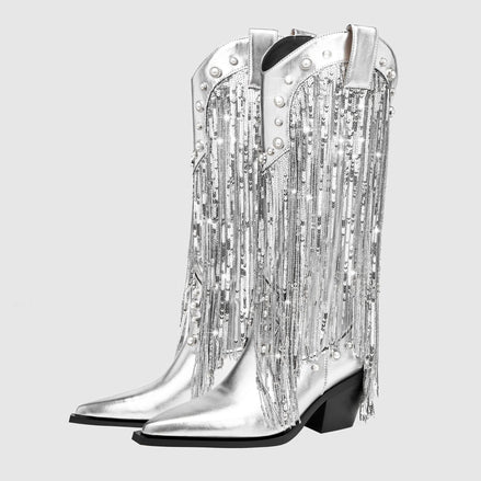 Fringe Cowboy Mid-Calf Womens Boots with Pointed Toe Block Heel