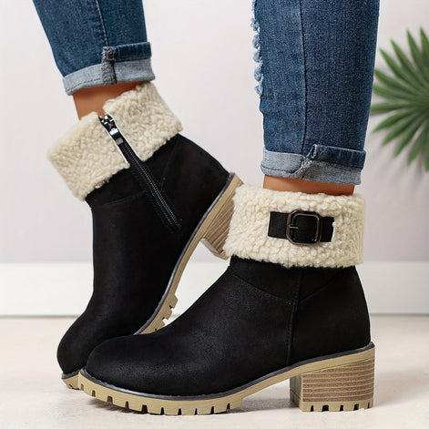 Women's Faux Suede Ankle Boots with Shearling Cuff and Block Heel