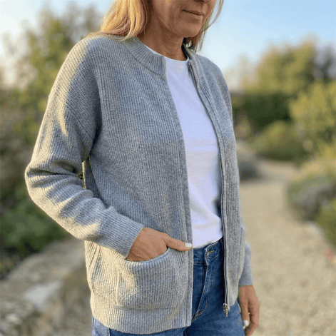 Women's Ribbed Zip-Up Knitted Cardigan with Pockets