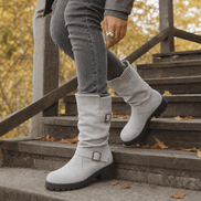 Women's Ribbed Cuff Lug Sole Slouch Boots with Buckle Detail