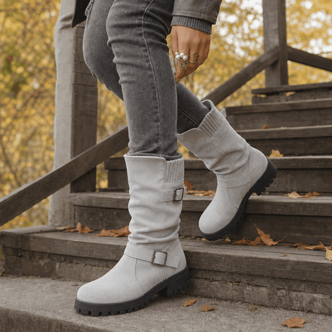 Women's Ribbed Cuff Lug Sole Slouch Boots with Buckle Detail