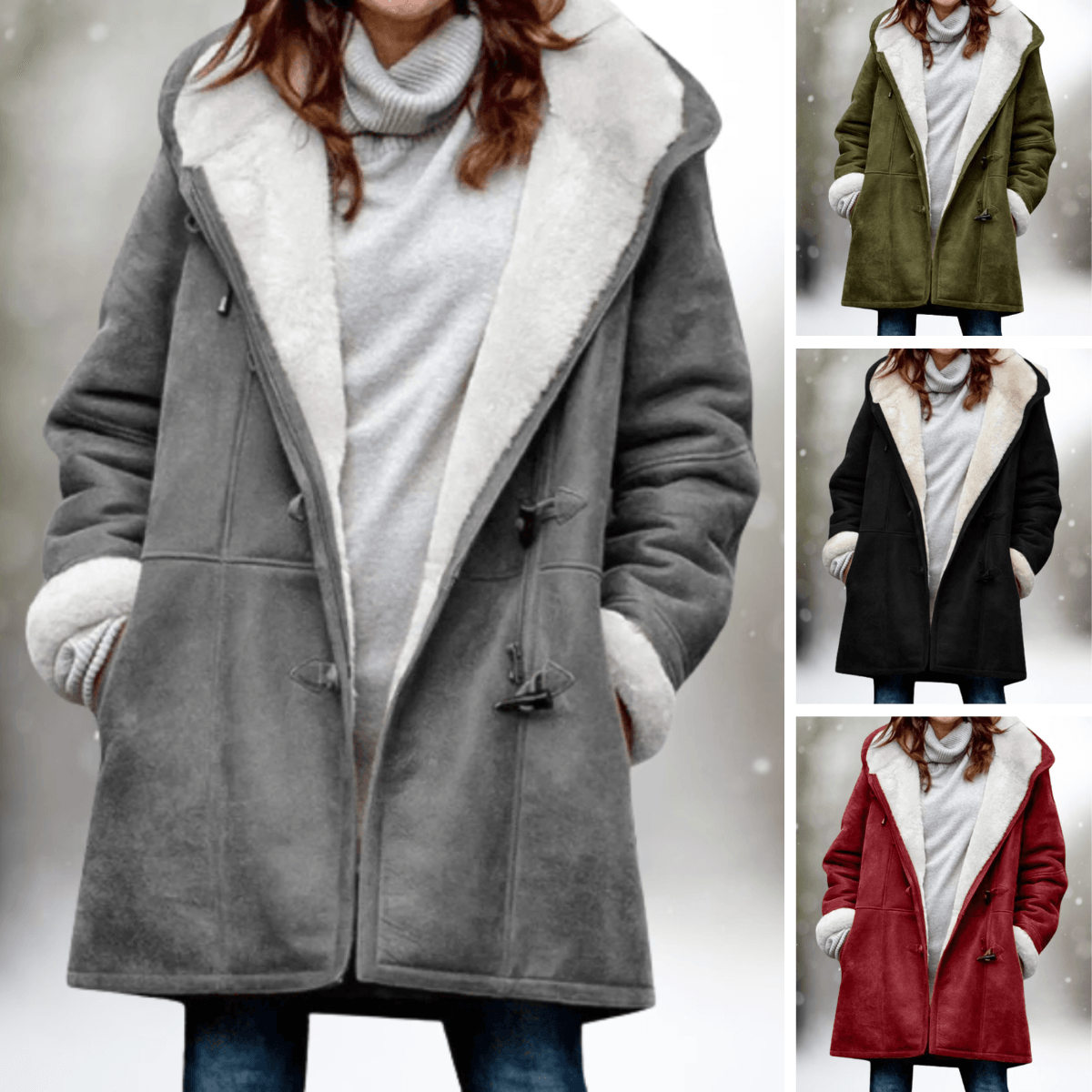 Fiona Women's Hooded Winter Coat with Faux Shearling Collar and Faux Fur Trim